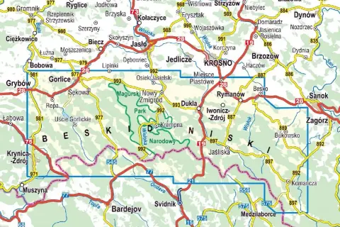 Mapa regionu z zaznaczonymi **Gorlice atrakcje**, parkiem narodowym i drogami.