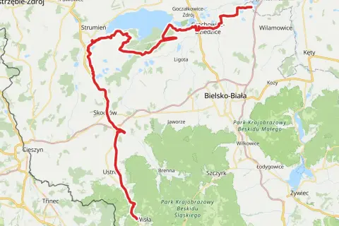 Trasa rowerowa wzdłuż Wisły na Śląsku, od Jeziora Goczałkowickiego przez Skoczów i Ustroń do Wisły.