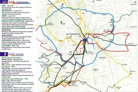 Mapa pokazuje trasy rowerowe i piesze wokół Ostrzeszowa, w tym szlaki oznaczane kolorami i nazwami, np. "trasy rowerowe karpacz" nie występują na mapie.