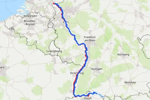 Mapa Europy z zaznaczonymi europejskimi trasami rowerowymi wzdłuż rzek, od Holandii przez Niemcy po Szwajcarię.