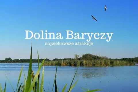 Spokojne jezioro otoczone trzcinami, z ptakami na niebie i napisem "Dolina Baryczy".