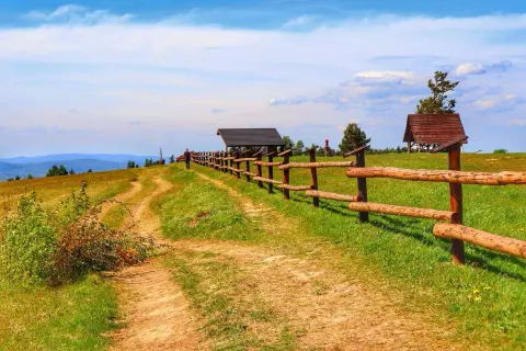 Ścieżka prowadzi do punktu widokowego. Drewniane ogrodzenie i zadaszenia zapraszają do podziwiania krajobrazu.