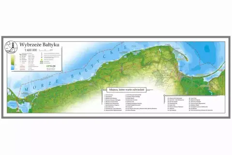 Mapa Wybrzeża Bałtyku z zaznaczonymi atrakcjami turystycznymi. Długość polskiego wybrzeża jest tu przedstawiona w skali 1:400 000.
