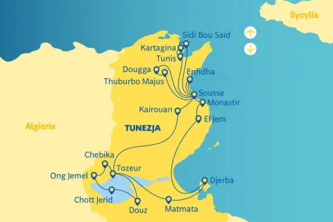 Mapa Tunezji z zaznaczonymi atrakcjami: Tunis, Kartagina, Sousse, Dżerba. Zobacz, co warto zobaczyć w Tunezji!