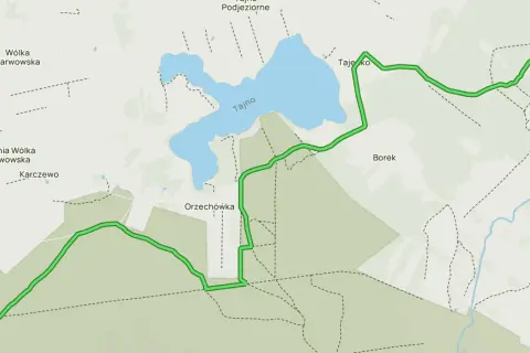 Mapa szlaków pieszych w Puszczy Bolimowskiej, prowadząca przez tereny leśne, w pobliżu jeziora Tajno i miejscowości takich jak Wólka Karwowska, Orzechówka i Borek.