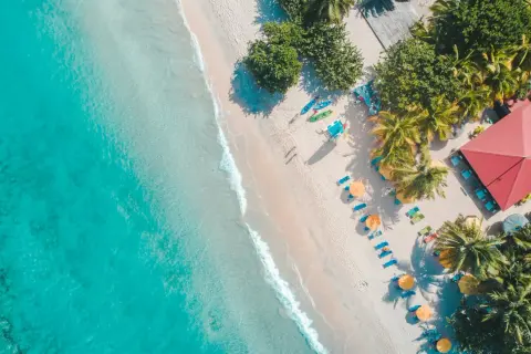 Rajska plaża z turkusową wodą, palmami i leżakami. Idealne miejsce, gdzie lecieć w czerwcu na wakacje.