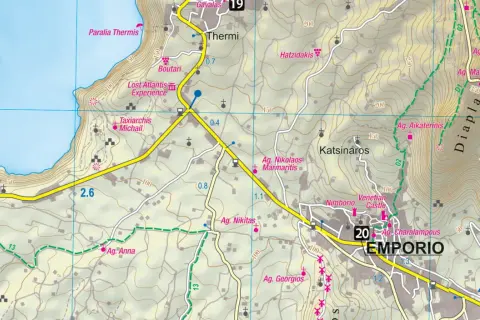 Santorini plan zwiedzania: mapa z zaznaczonymi drogami, kościołami (Ag. Nikitas, Ag. Anna) i miejscowościami (Emporio, Nimborio).
