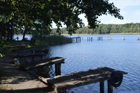 Drewniane pomosty nad spokojnym jeziorem chrzypskim, otoczonym lasem. W wodzie widoczne są pale po starym pomoście.