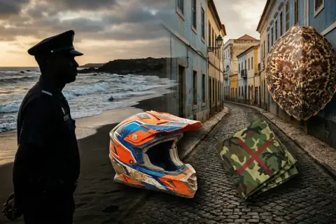 Strażnik pilnuje plaży, gdzie leży kask. Na ulicy z kolorowymi kamienicami widać skorupę żółwia i kamuflaż. Pamiętaj, czego nie można wywozić z Wysp Zielonego Przylądka.