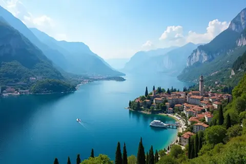 Malownicze miasteczko nad turkusowym jeziorem, otoczone górami. Czy to jezioro Como czy Garda?