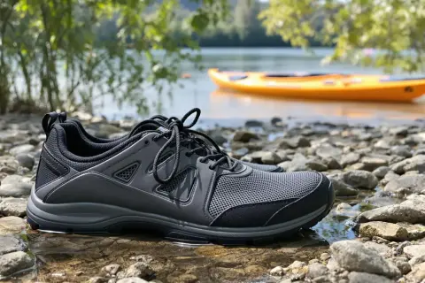 Szare buty sportowe na kamienistej plaży, idealne jako jakie buty na kajaki. W tle żółty kajak na wodzie.