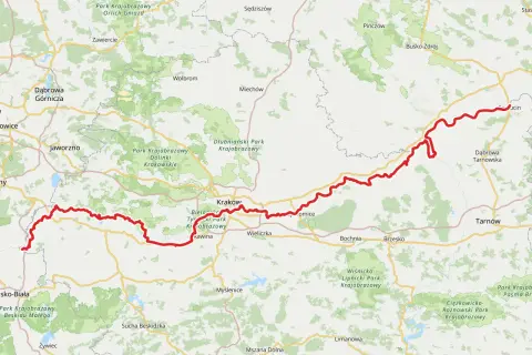 Mapa przedstawia przebieg wiślanej trasy rowerowej Kraków – Sandomierz, z zaznaczonymi miastami i parkami krajobrazowymi.