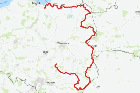 Mapa z zaznaczoną trasą rowerową R10, biegnącą od Bałtyku przez Warszawę i Kraków, ukazująca jej długość i przebieg.