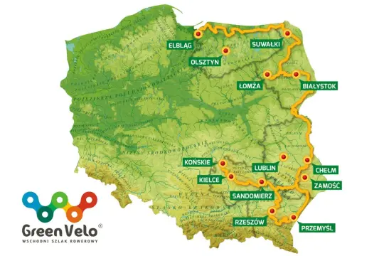 Mapa Polski z zaznaczonym szlakiem Green Velo. Trasa rowerowa prowadzi przez malownicze tereny, jeziora i miasta.