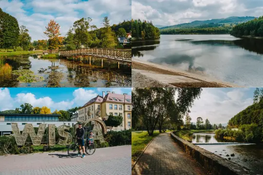 Rodzinna wycieczka rowerowa po malowniczej trasie Wisła. Jezioro, mostek, park i miasto.