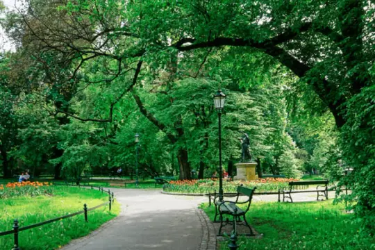 Zielony park w Krakowie, z alejkami, ławkami i rzeźbą. Idealne miejsce na spacer wśród zieleni.