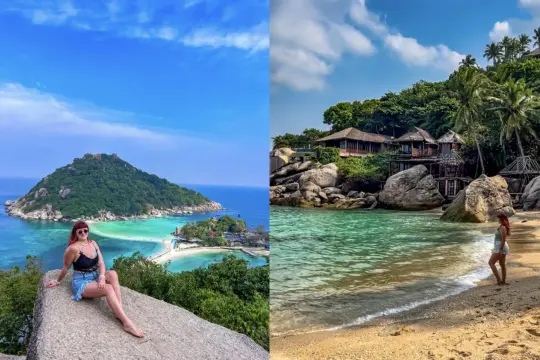 Widok na Koh Tao z góry, z piaszczystą plażą i turkusową wodą. Po prawej stronie plaża z domkami na wzgórzu.
