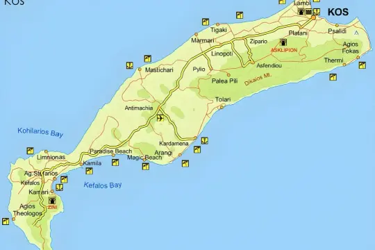 Mapa wyspy Kos z zaznaczonymi atrakcjami: plaże (Paradise Beach, Magic Beach), miejscowości (Kardamena, Kefalos) i zabytki (Askipion).