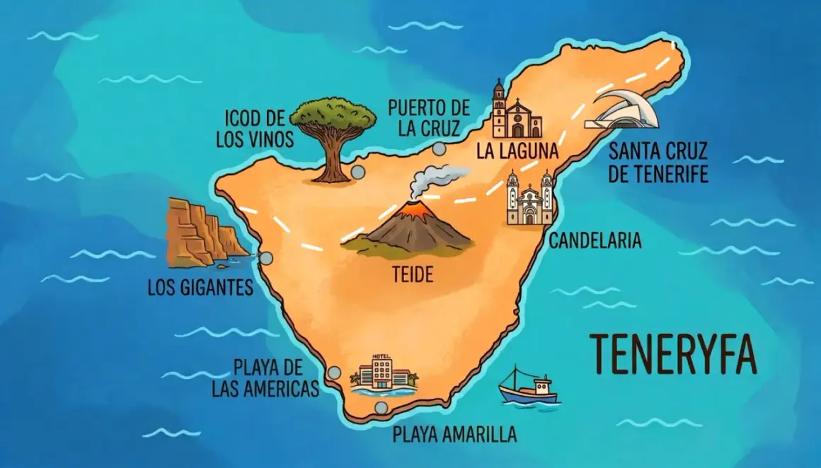Mapa Teneryfy z zaznaczonymi atrakcjami: Teide, Los Gigantes, Icod de los Vinos, Puerto de la Cruz, La Laguna, Santa Cruz, Candelaria, Playa de las Américas. Idealny teneryfa plan zwiedzania.
