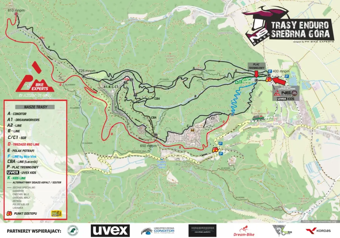 Mapa tras rowerowych Srebrna Góra. Oznaczono trasy A1-D, linie specjalne i plac treningowy.