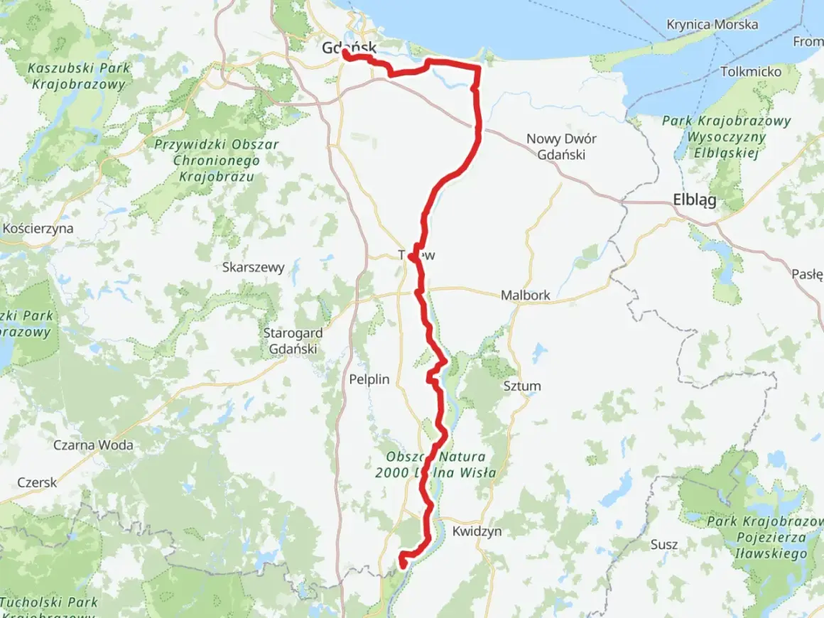 Mapa pokazuje przebieg wiślanej trasy rowerowej Kujawsko-Pomorskie, od Gdańska przez Malbork do Kwidzyna.