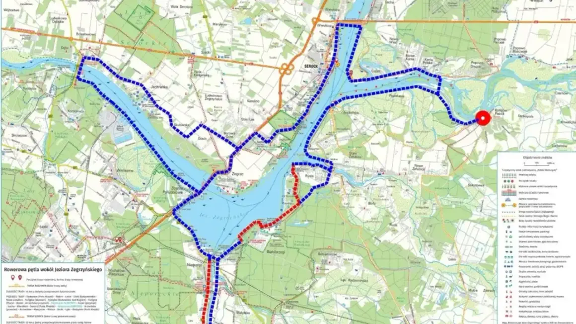 Mapa z zaznaczonymi szlakami rowerowymi Mazowsze wokół Jeziora Zegrzyńskiego. Trasy wiodą przez malownicze tereny, idealne na wycieczki rowerowe.