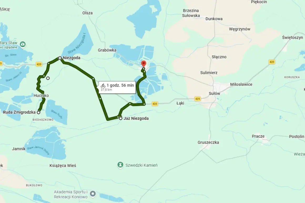 Trasa rowerowa przez malowniczą Dolinę Baryczy, wiodąca przez stawy i wsie, jak Niezgoda i Hucisko.