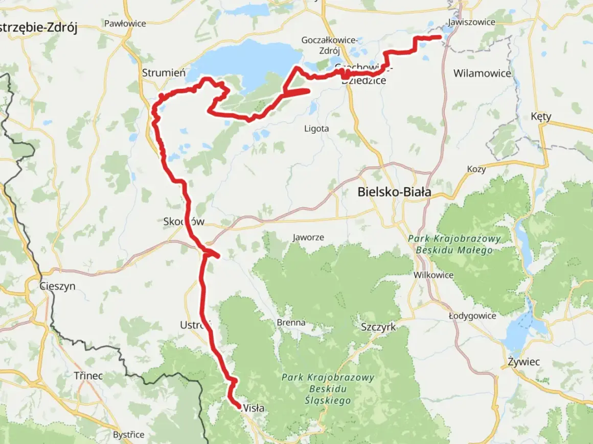Trasa rowerowa wzdłuż Wisły na Śląsku, od Jeziora Goczałkowickiego przez Skoczów i Ustroń do Wisły.