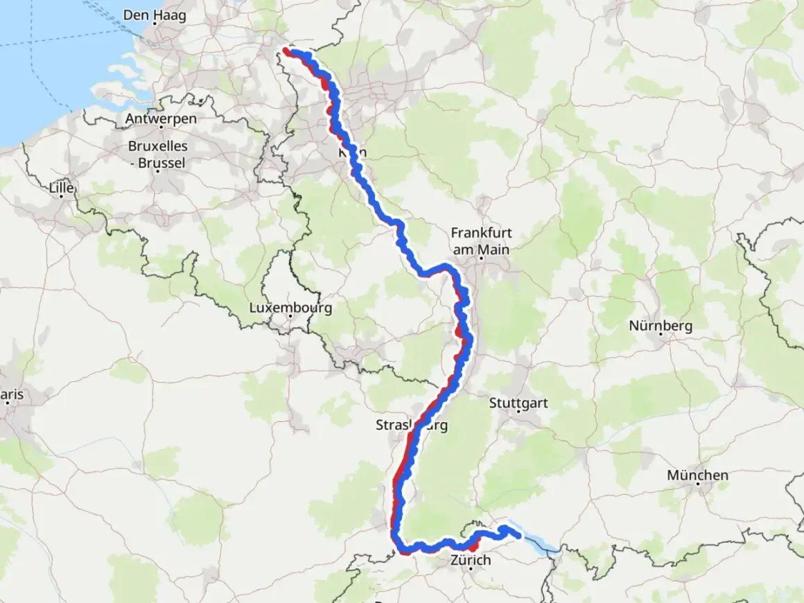 Mapa Europy z zaznaczonymi europejskimi trasami rowerowymi wzdłuż rzek, od Holandii przez Niemcy po Szwajcarię.