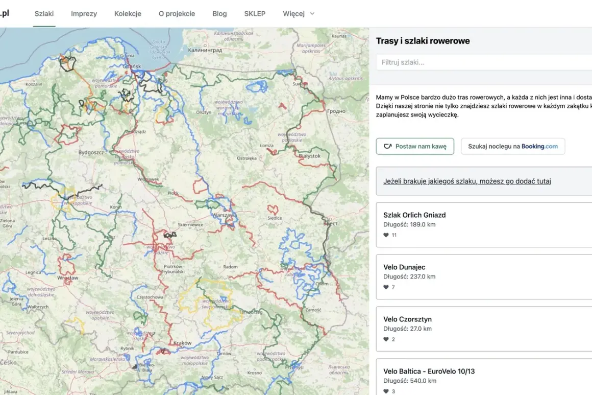 Mapa Polski z zaznaczonymi trasami rowerowymi. Znajdź idealne szlaki rowerowe na swoją wycieczkę.