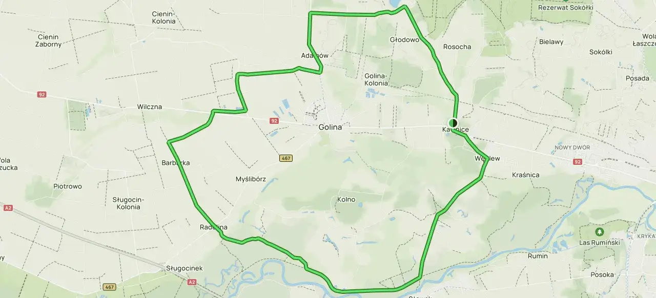 Mapa z zaznaczonymi trasami rowerowymi Wielkopolska, prowadzącymi przez Golina, Kanice i okolice.