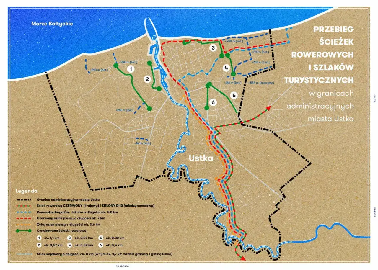 Mapa przebiegu tras rowerowych i szlaków turystycznych w Ustce. Odkryj malownicze trasy rowerowe Ustka i okolice.