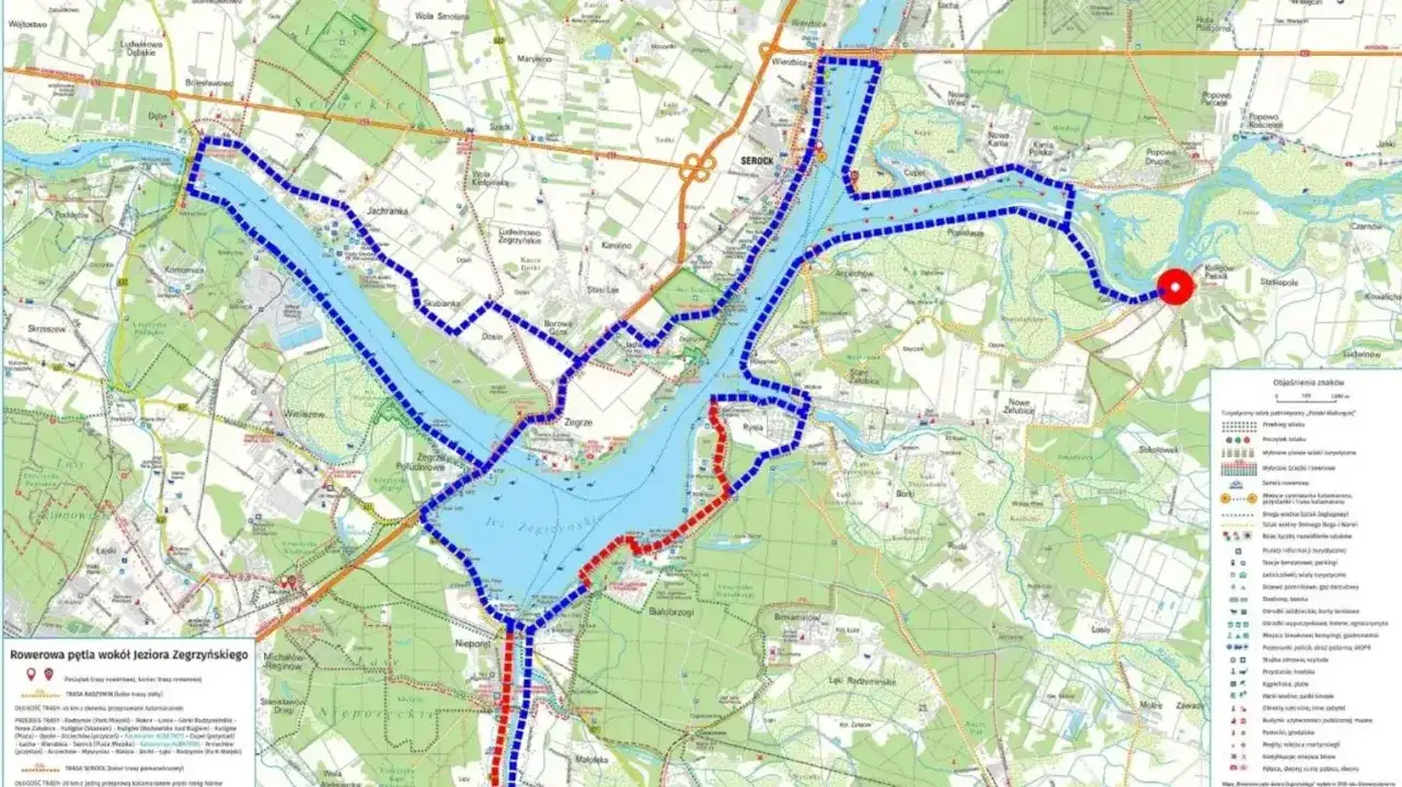 Mapa z zaznaczonymi szlakami rowerowymi wokół Jeziora Zegrzyńskiego. Trasy rowerowe Mazowsze zachęcają do odkrywania malowniczych terenów.