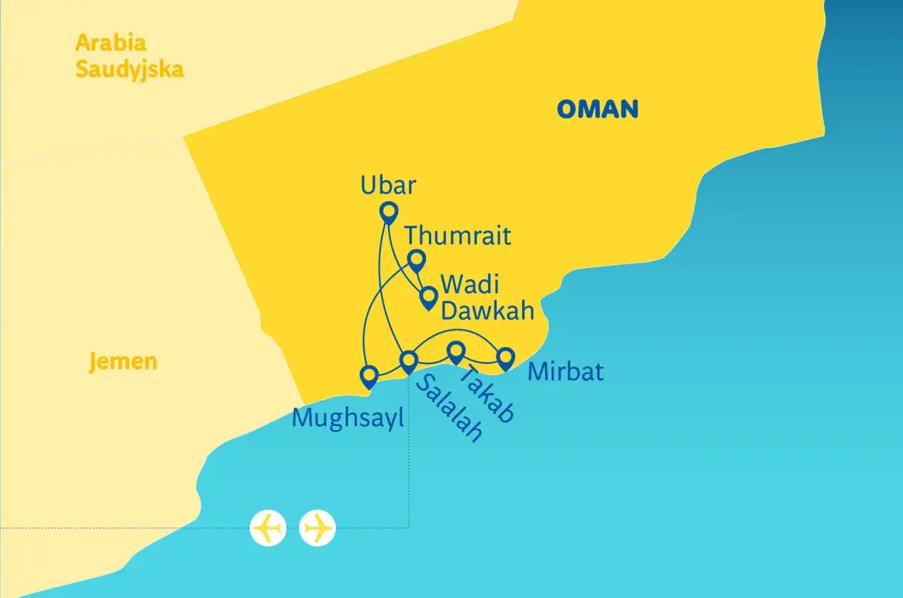 Mapa trasy po Omanie: Ubar, Thumrait, Wadi Dawkah, Salalah, Mughsayl, Mirbat. Idealny plan na podróż do Omanu na własną rękę.