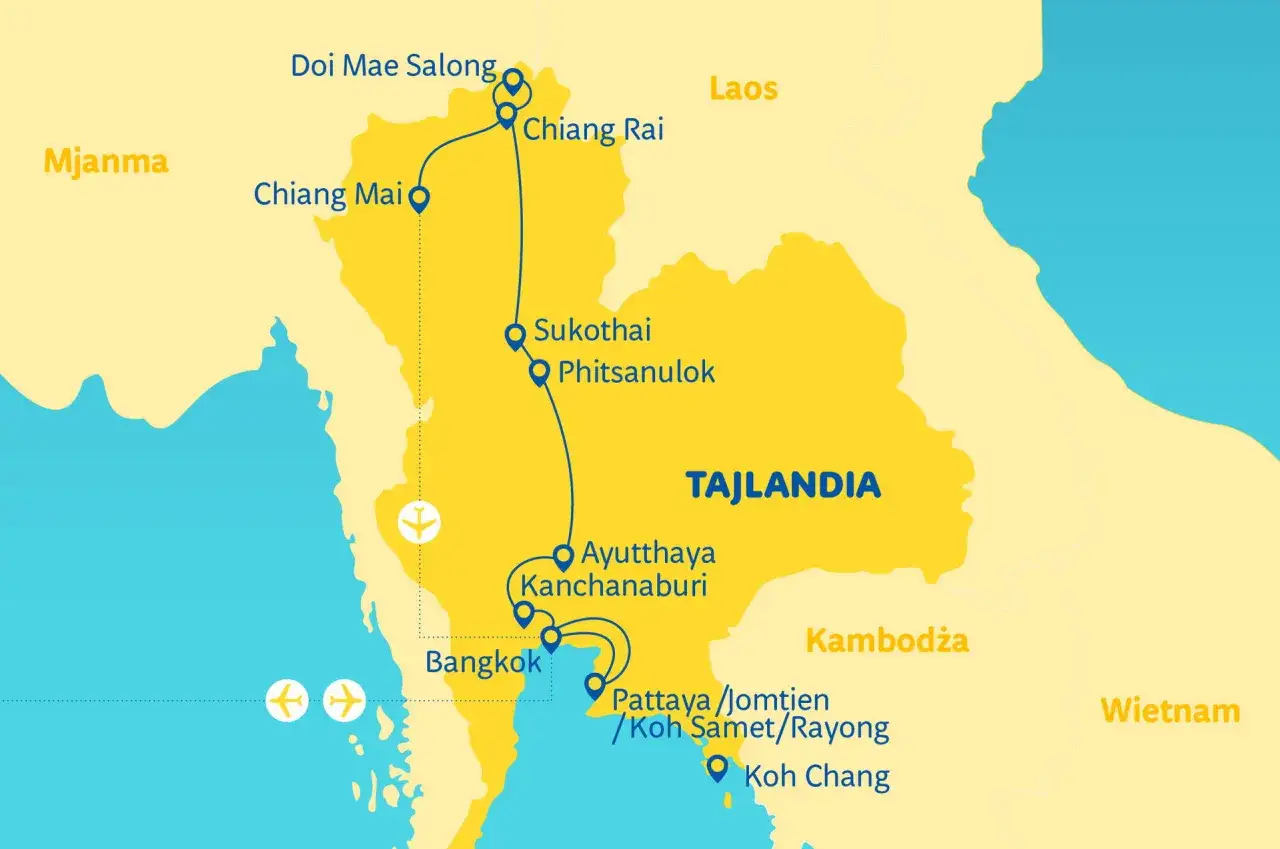 Mapa Tajlandii z zaznaczonymi miastami i trasami podróży, w tym lotniska.