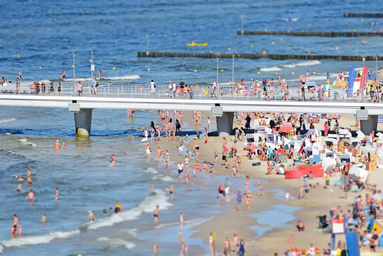 Tłum ludzi cieszy się kąpielą i plażowaniem. Woda w Bałtyku jest tak ciepła, że wszyscy chętnie wchodzą do morza.