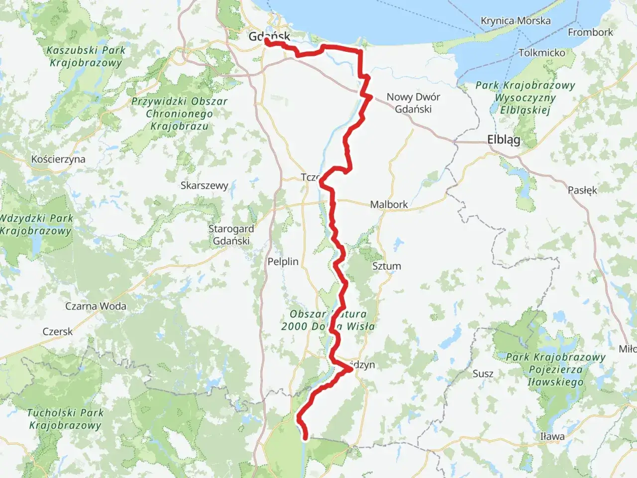 Trasa rowerowa wzdłuż Wisły w województwie kujawsko-pomorskim, od Gdańska przez Malbork po okolice Jeziora Iławskiego.