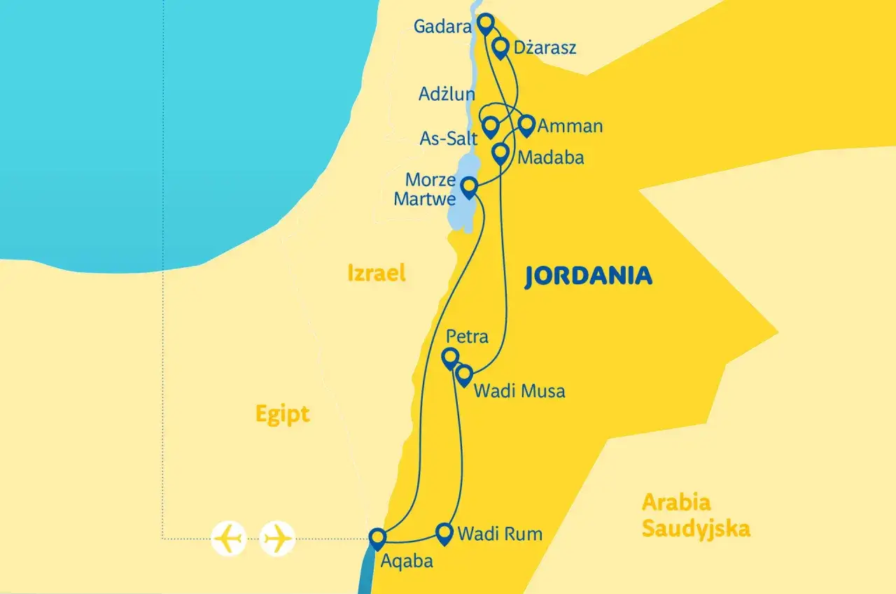 Mapa przedstawia trasę podróży do Jordanii, obejmującą Amman, Petrę, Wadi Rum i Aqabę, z zaznaczonymi sąsiednimi Izraelem i Egiptem.