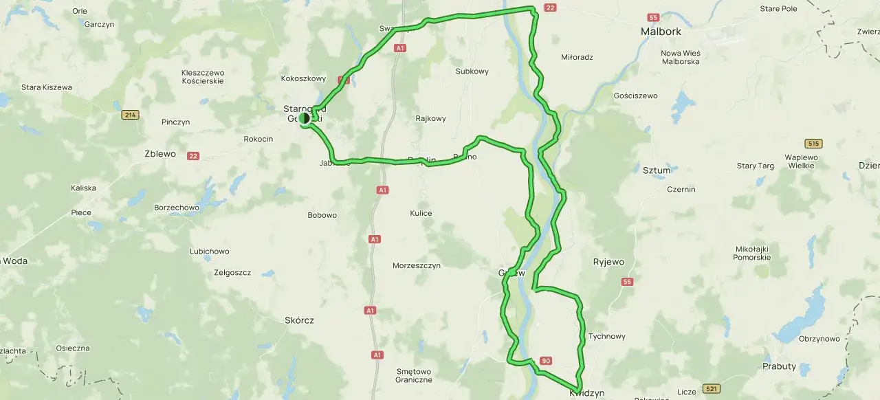 Trasa rowerowa wokół Starogardu Gdańskiego, prowadząca przez malownicze tereny z licznymi jeziorami i lasami.