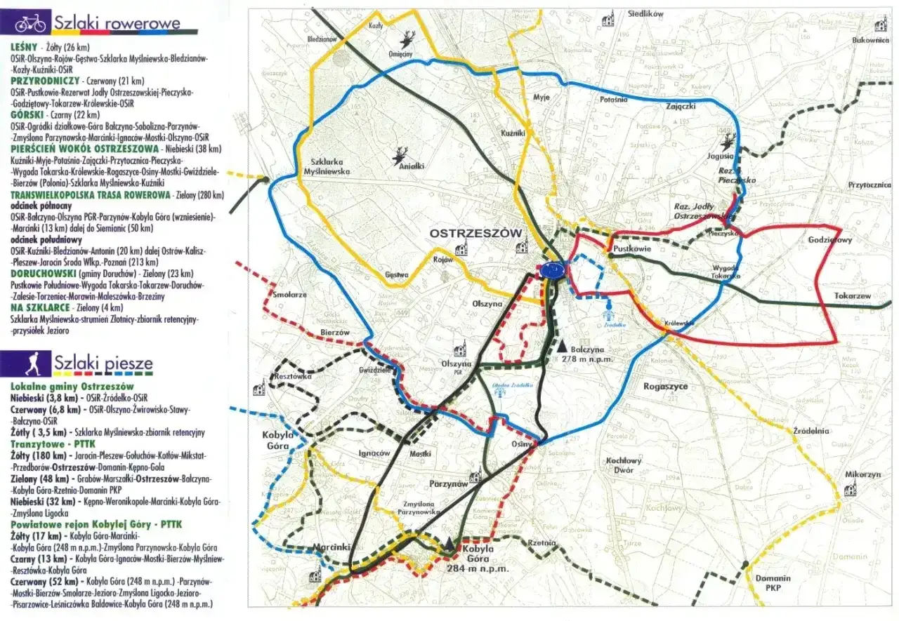 Mapa Wielkopolskiego Parku Narodowego z zaznaczonymi trasami rowerowymi i pieszymi.