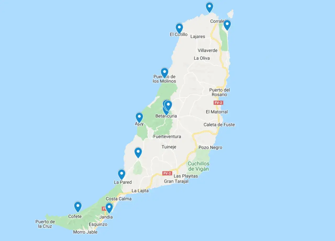 Mapa Fuerteventury z zaznaczonymi punktami. Gdzie najlepiej? Zobacz miejsca jak Corralejo, El Cotillo, Ajuy, Betancuria, Cofete, Morro Jable.
