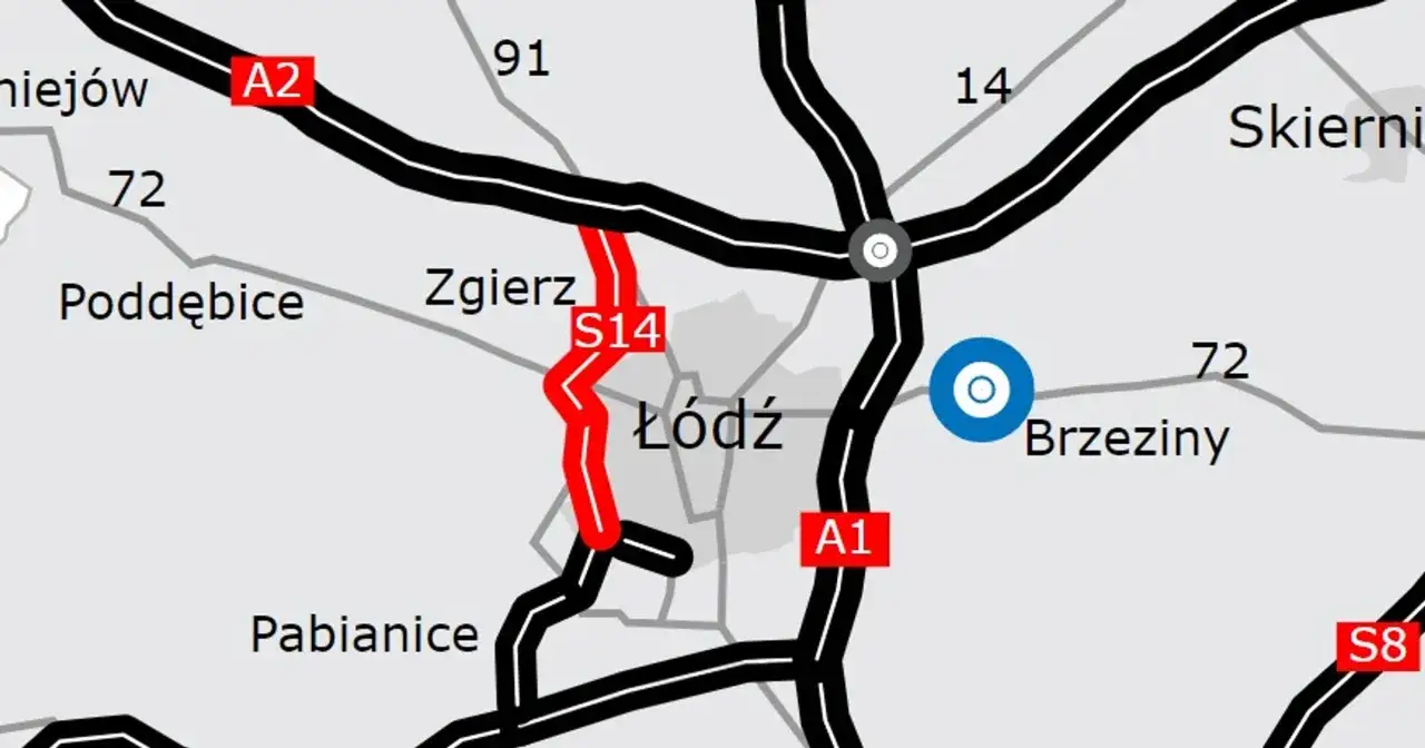 Mapa drogowa z zaznaczoną trasą S14, łączącą Poddębice z Łodzią. Widoczne autostrady A1, A2 i S8.
