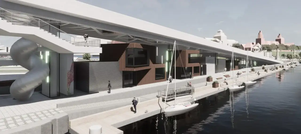 Nowoczesna architektura nad wodą, z kaskadowymi schodami i zjeżdżalnią, to coś, co warto zobaczyć w Szczecinie.