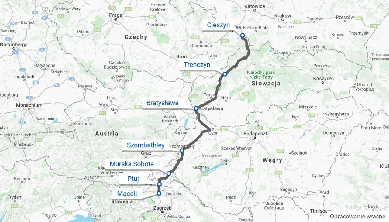 Trasa Polska-Chorwacja samochodem: Cieszyn, Trenczyn, Bratysława, Szombathely, Murska Sobota, Ptuj, Macelj, Zagrzeb.