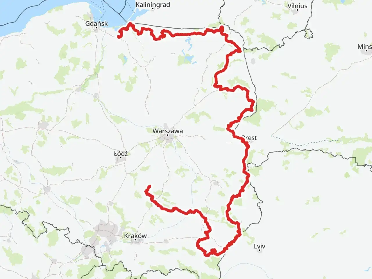 Mapa pokazuje trasę rowerową R10, która okrąża Bałtyk. Jej długość jest imponująca, łącząc miasta od Gdańska po Lwów.