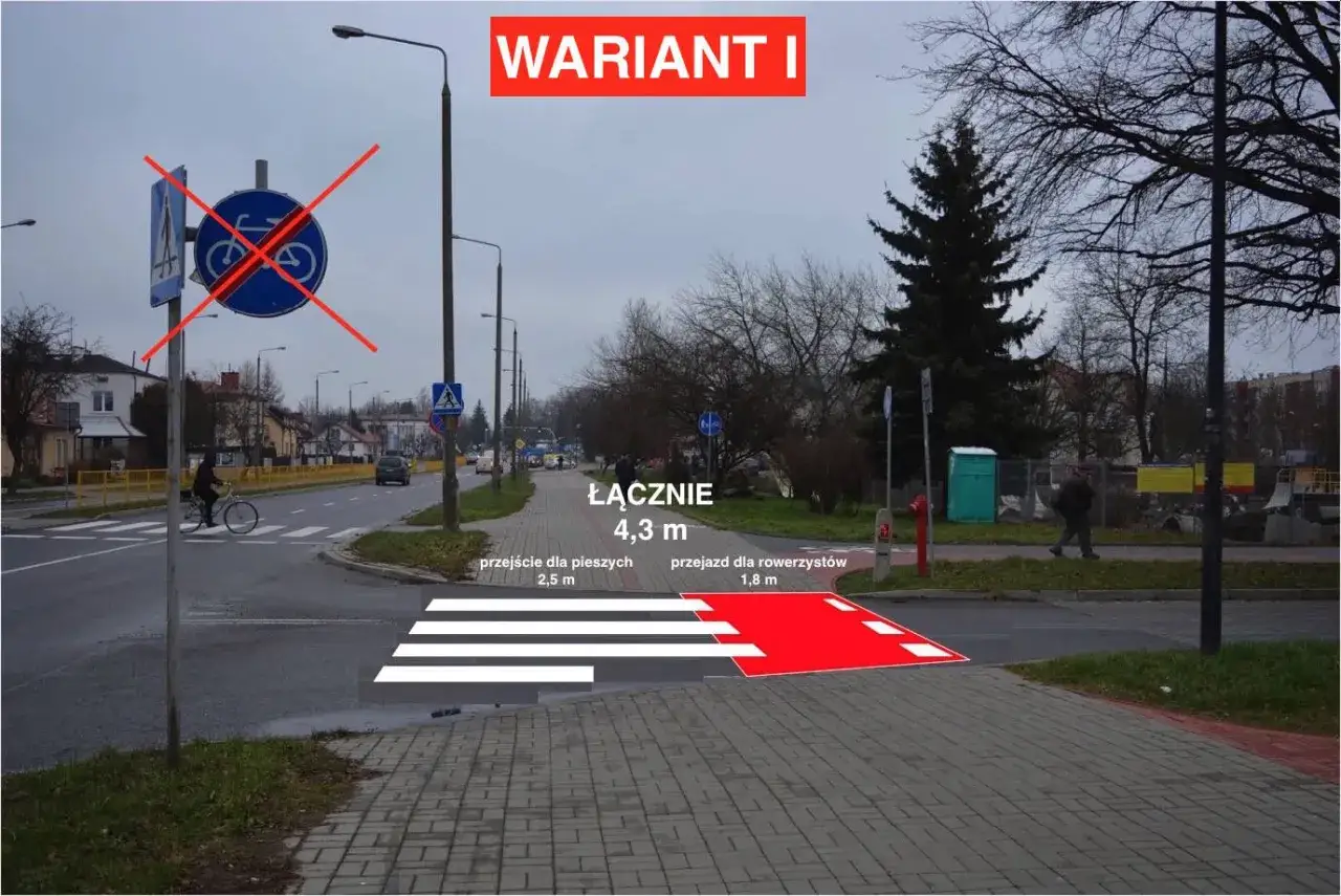 Pieszy na ścieżce rowerowej. Przejście dla pieszych i rowerzystów o łącznej szerokości 4,3 m.