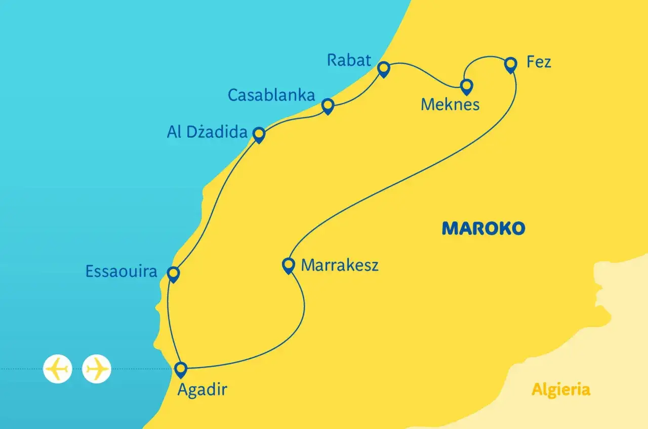 Mapa Maroka z zaznaczonymi lotniskami: Agadir, Essaouira, Al Dżadida, Casablanca, Rabat, Meknes, Fez, Marrakesz.