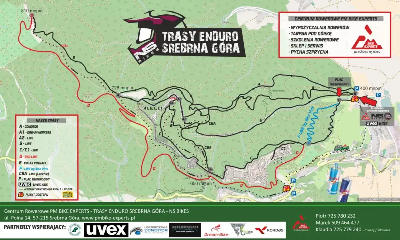 Mapa tras enduro w Kotlinie Kłodzkiej. Wyznaczono tu wiele ścieżek, w tym 