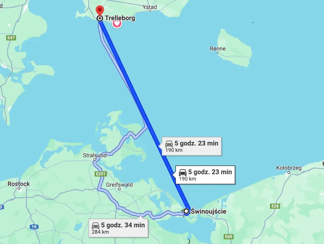 Trasa z Trelleborga do Świnoujścia, pokazująca jak dojechać do Norwegii przez Szwecję i Polskę. Podróż trwa ok. 5h 23 min.