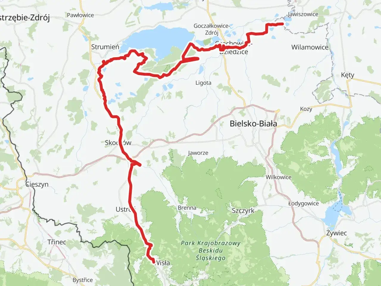 Trasa rowerowa Śląsk wzdłuż Wisły, od Cieszyna przez Jezioro Goczałkowickie, Bielsko-Białą, aż po Beskid Śląski.